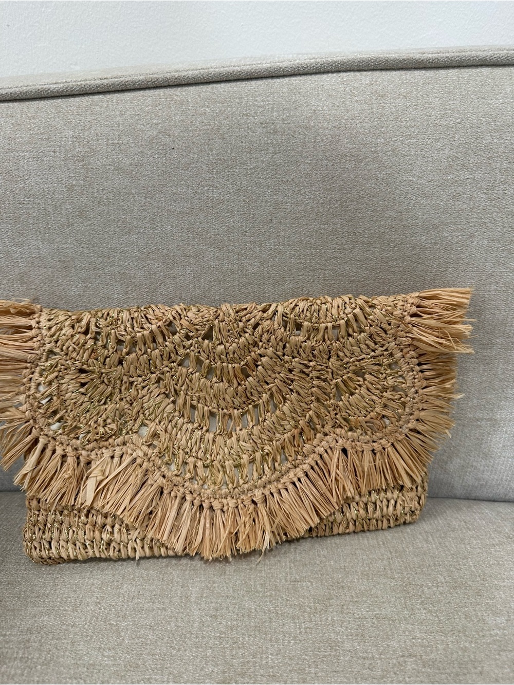Nordstrom Tan Raffia Fringe Foldover Clutch